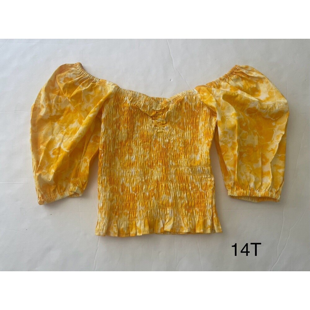 Open Edit Yellow Ballon Puff Sleeve Smocked Top with Floral Print Size Small NWT